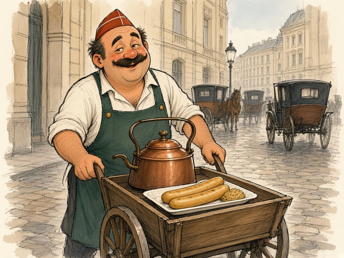 Historische Illustration: Würstelstandbesitzer mit Handwagen und Kessel
