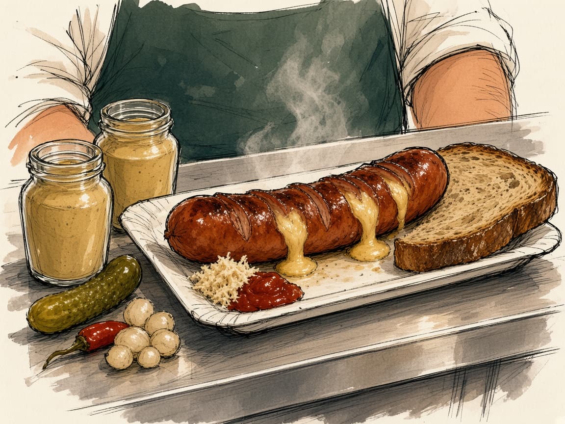 Illustration: Käsekrainer auf dem Teller, Senfgläser, Krokodü, Schwarzbrot und Beilagen am Tresen