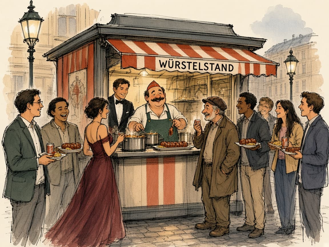 Illustrierter Würstelstand bei Nacht: gemischtes Publikum am Tresen unter warmem Licht