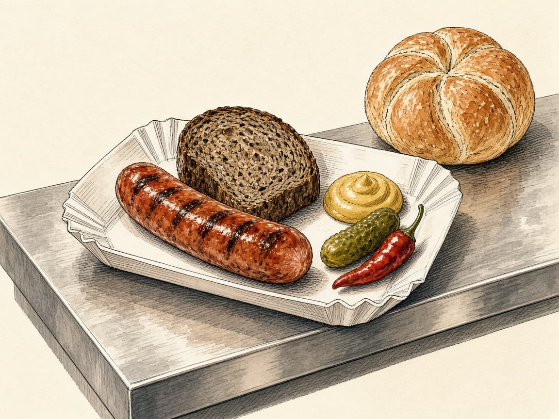 Pappteller mit Käsekrainer, Senf, Gurkerl, Semmel und Beilagen