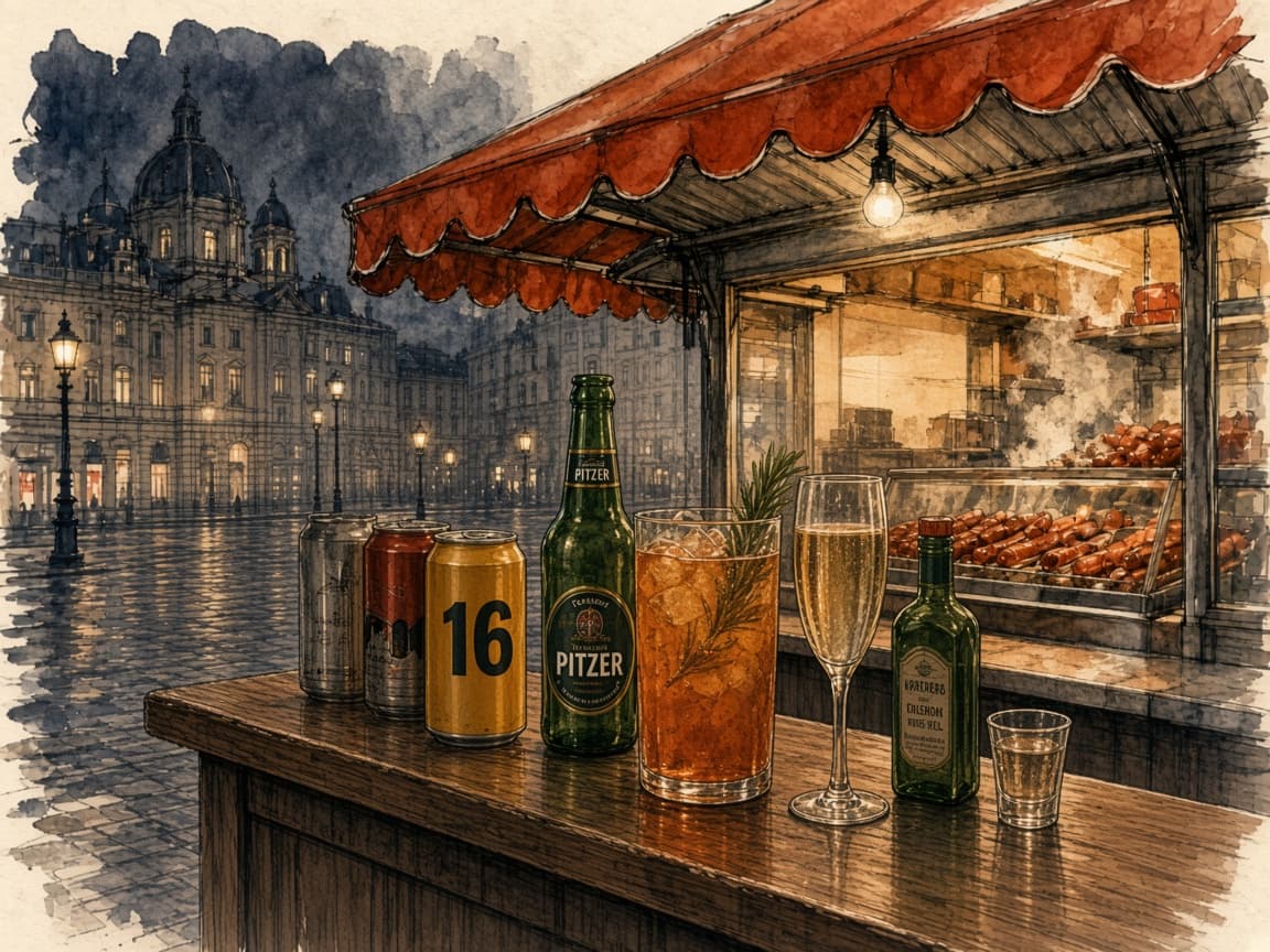 Dosenbier, Flasche, Spritzer, Champagner und Magenbitter am Standlpult